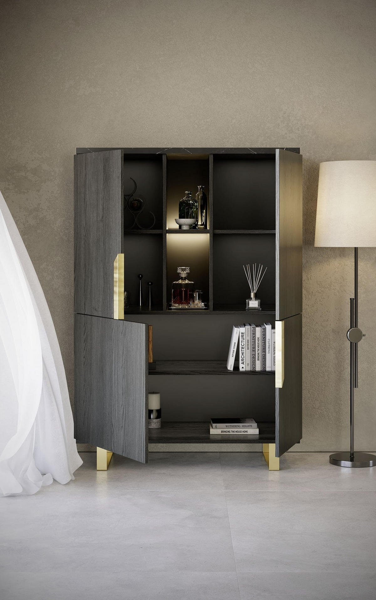 WOHNZIMMERSCHRANK ORION 2-Türig in Rosenholzoptik mit Marmoroptik - Goldfarben/Schwarz, Holzwerkstoff/Metall (110/159/49cm) - Interdesign24
