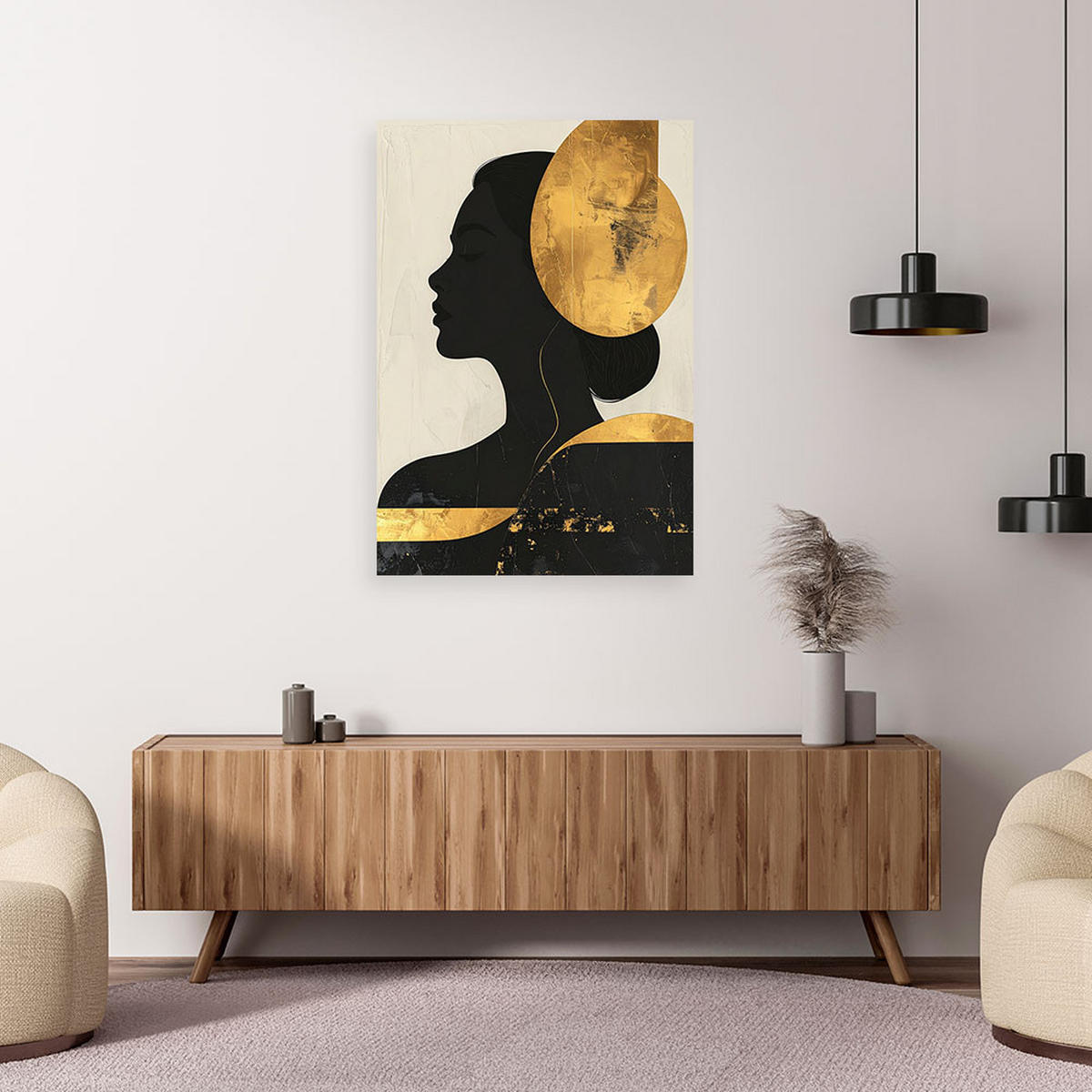 BILD auf Leinwand, Minimalistisches Frauenprofil im goldenen Sonnenlicht - Goldfarben, Textil (30/45cm) - Feeby