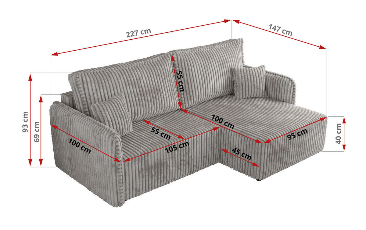 ECKSCHLAFSOFA MESTO L Hellgrau Cord - rechts - Hellgrau/Schwarz, Kunststoff/Textil (147/227cm) - MKS