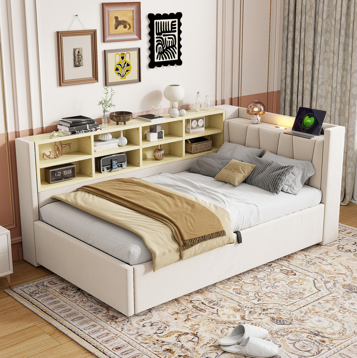 POLSTERBETT 90/200 cm Beige aus Samt mit Stauraum und Ladeanschlüssen - Beige, Textil (90/200cm) - OKMYHOME