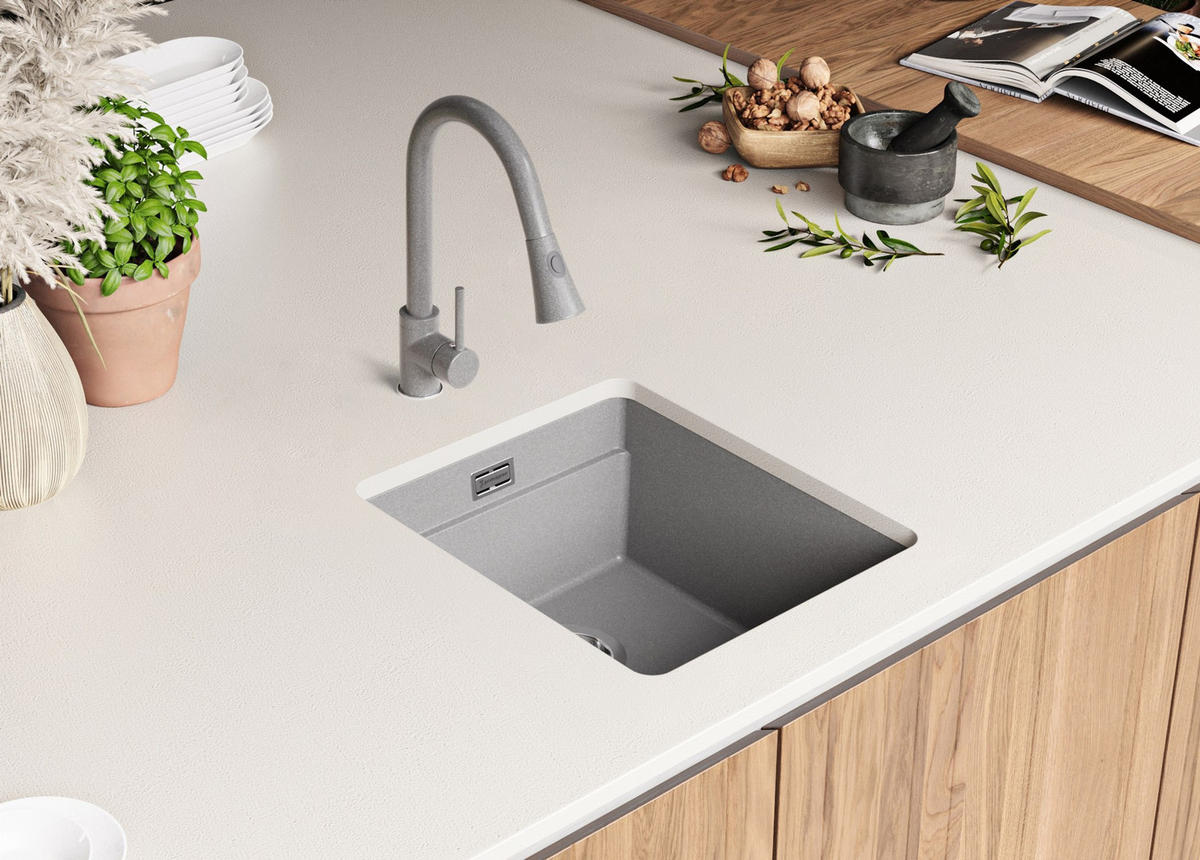 UNTERBAUSPÜLE GRANIT Praga, 2-er set Grau 41/47 cm 1 Becken + Küchenarmatur 38/14 cm + Ablauf-Set + Aufrollbare Abtropffläche ab 45er Unterschrank - Chromfarben/Grau, Kunststoff (41/20/47cm) - Primagran