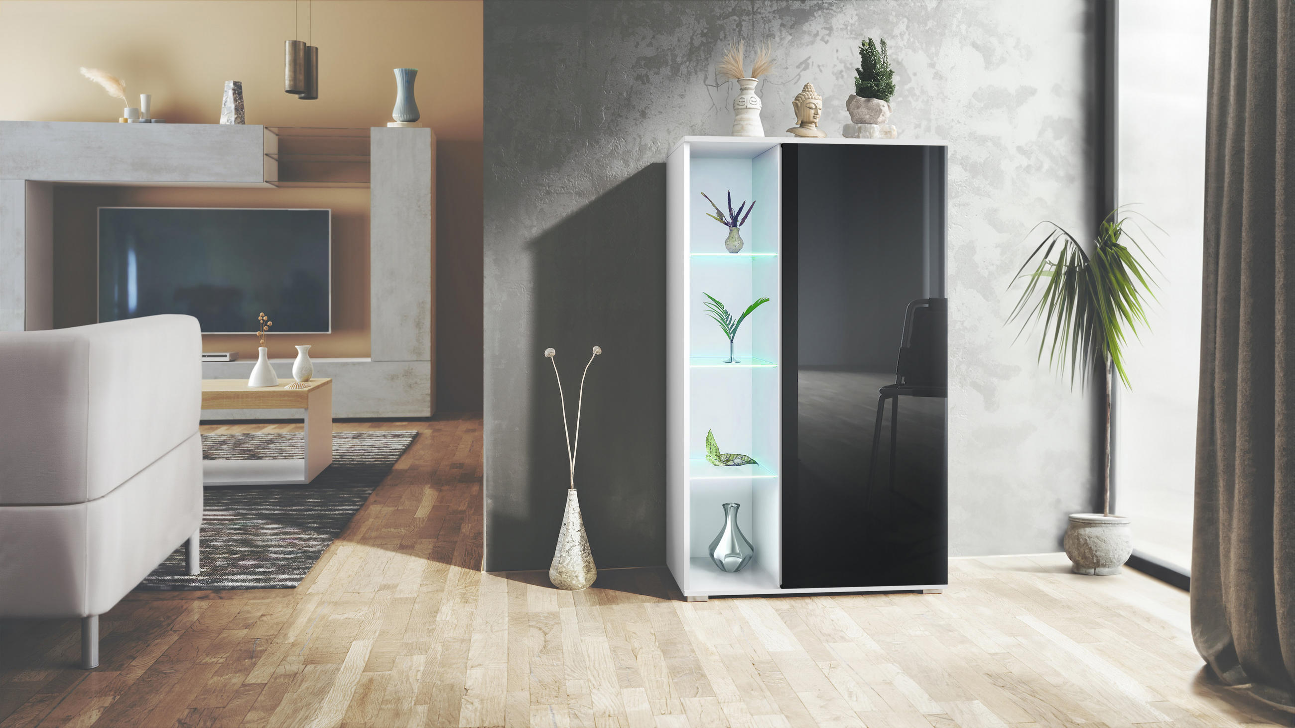 VITRINE Davos Schwarz Hochglanz - Schwarz Hochglanz, Holzwerkstoff (71.5/134/35cm) - Vladon