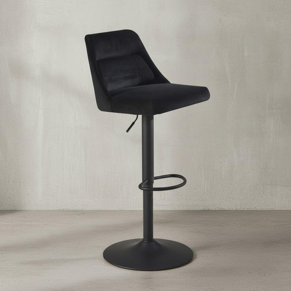 BARHOCKER Samt Lehne Höhenverstellbar Trompetenfuß Gepolstert, Schwarz 45x51x106 cm - Schwarz, Textil/Metall (45/106/51cm) - KADIMA DESIGN