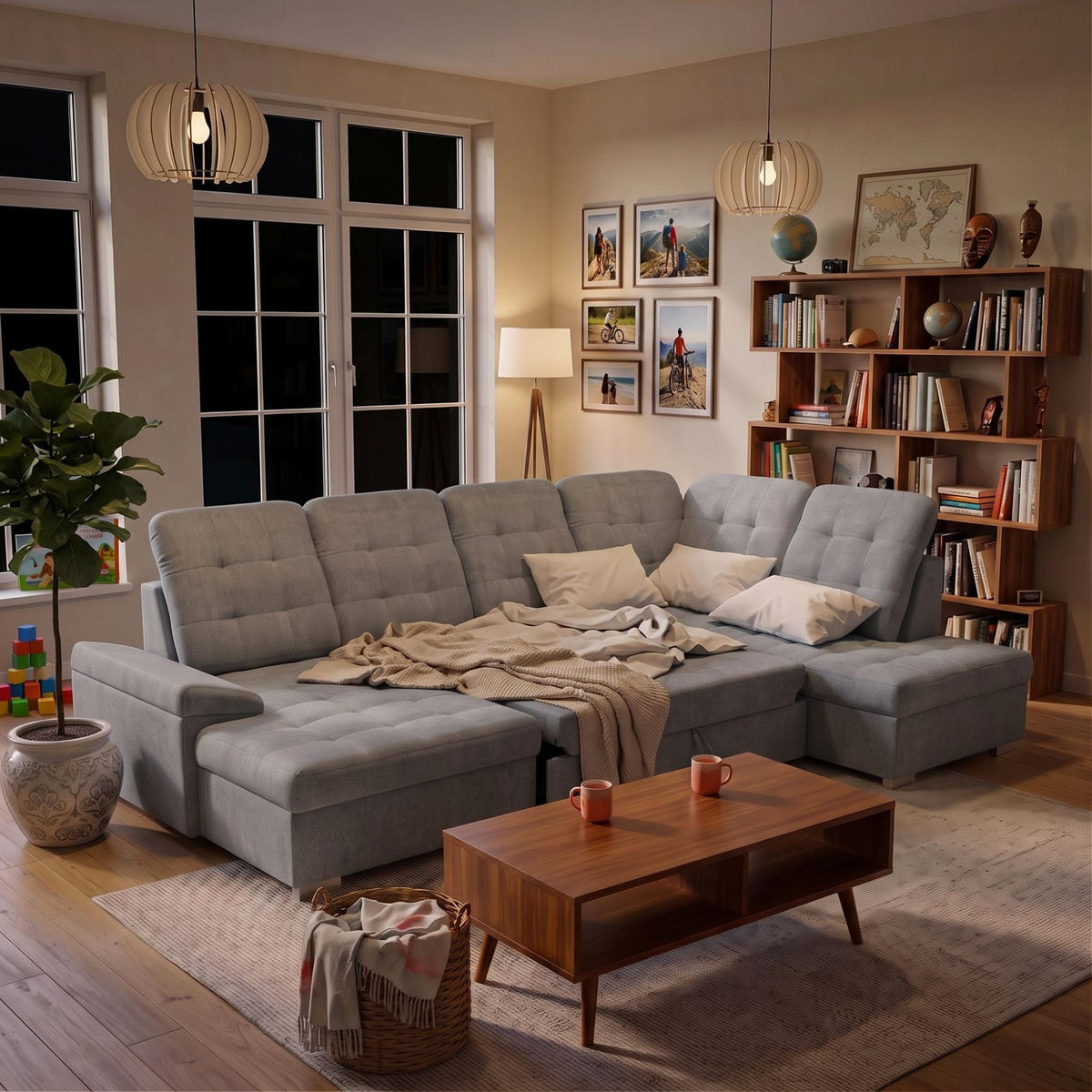 ECKSOFA U-Form OLIVIA U Rechts mit Schlaffunktion 124x257 Velours Hellgrau - Silberfarben/Hellgrau, Holz/Kunststoff (202/103/320cm) - Muffo