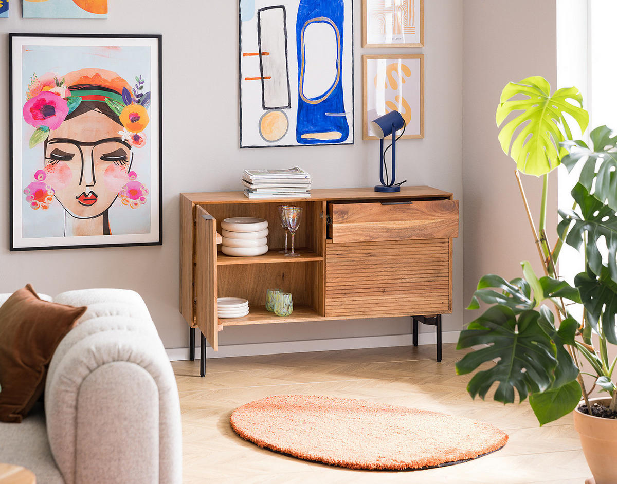 KOMMODE - Akazie massiv / Schwarz - Akaziefarben, Holz (130/82/42cm) - home24