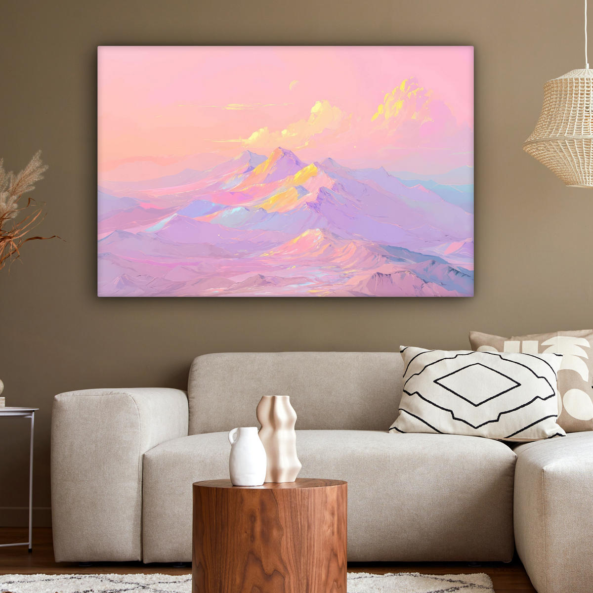 LEINWANDBILD Berggipfel - Wolken - Verträumt XXL 150x100 cm - Hellrosa, Textil (150/100cm) - MuchoWow