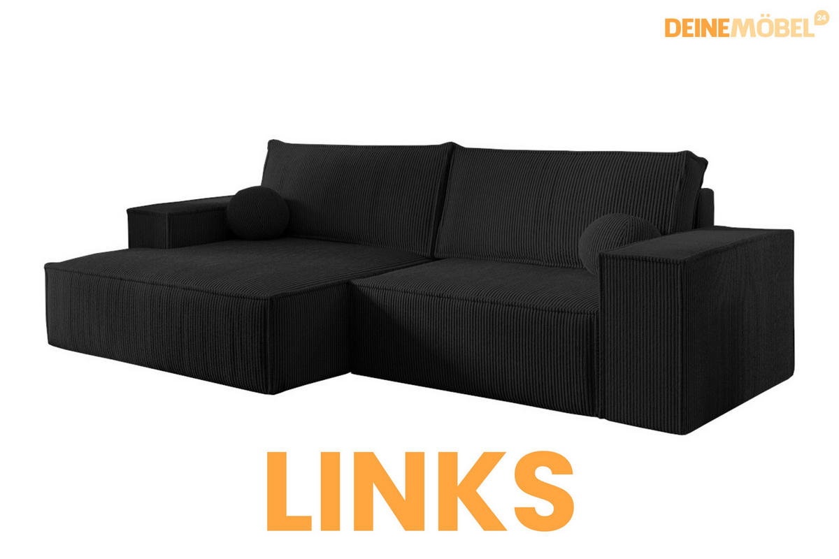 ECKSOFA NEPTUN 255/148 in Cord Schwarz links - Schwarz, Holz/Holzwerkstoff (255/148cm) - Deine Möbel 24