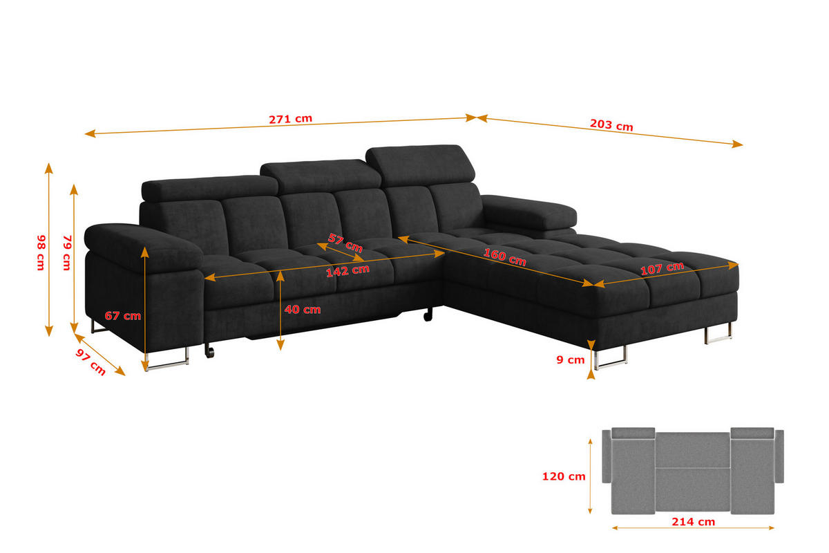 ECKSOFA mit Schlaffunktion Ottomane Rechts COMA L 271x203x79 Schwarz Velours - Schwarz, Holzwerkstoff/Textil (203/271cm) - ALTDECOR