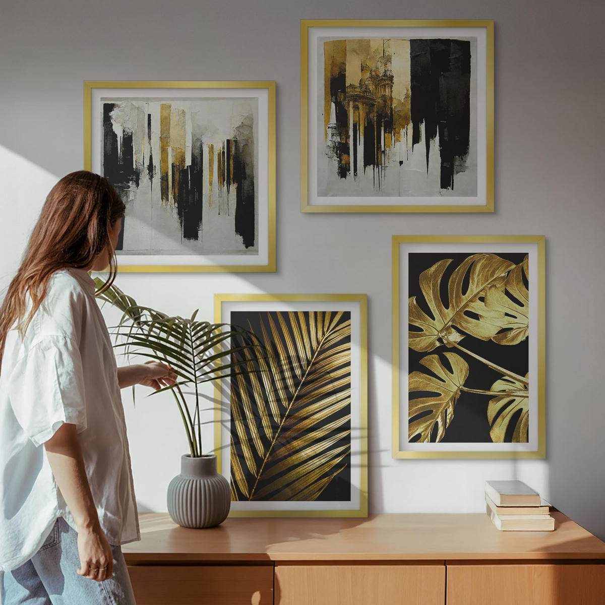 WANDBILDER 4er Set - 50x50 cm & 40x60 cm Goldrahmen - Abstrakte Monstera-Palmenblätter - Goldfarben, Kunststoff (50/50cm) - ArtPrintCave