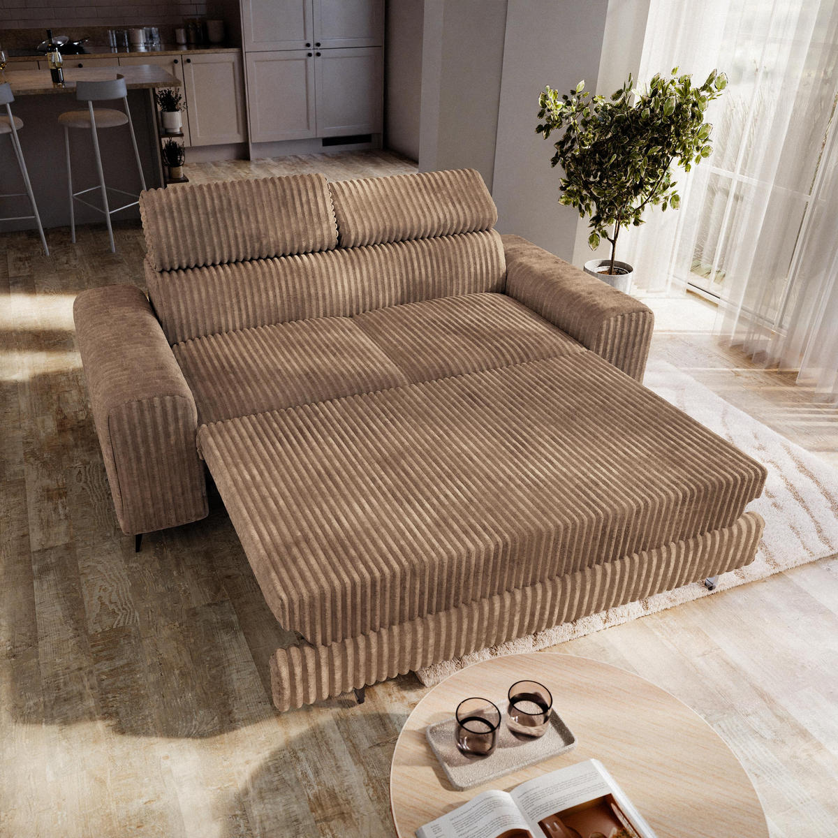 BETTSOFA BENETE Beige Cordstoff mit Schlaffunktion - Beige, Holz/Textil (191/89/92cm) - MASSENO