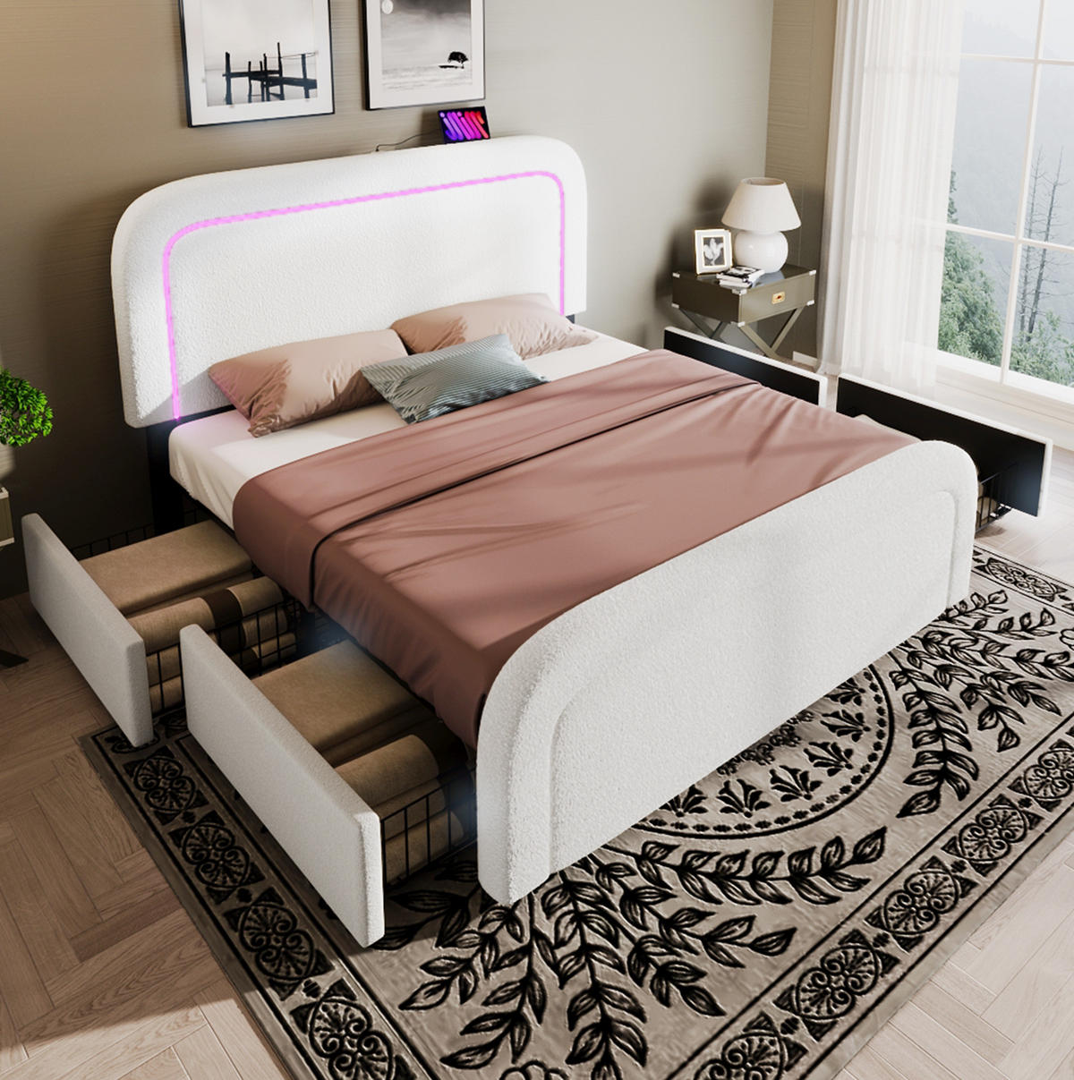 ČALÚNENÁ posteľ zo sherpy 160x200 cm biela s LED osvetlením, USB-C a 4 zásuvkami, s matracom - biela, textil (160/200cm) - Modfu