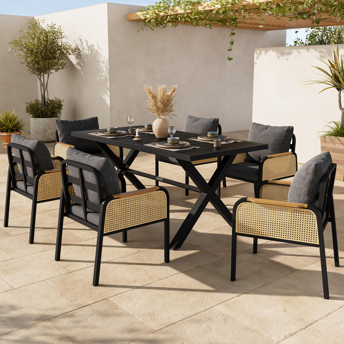 GARTENSETS aus Eisen & Polyester 148x80x75cm Schwarz & Natur - Naturfarben, Metall - Modfu