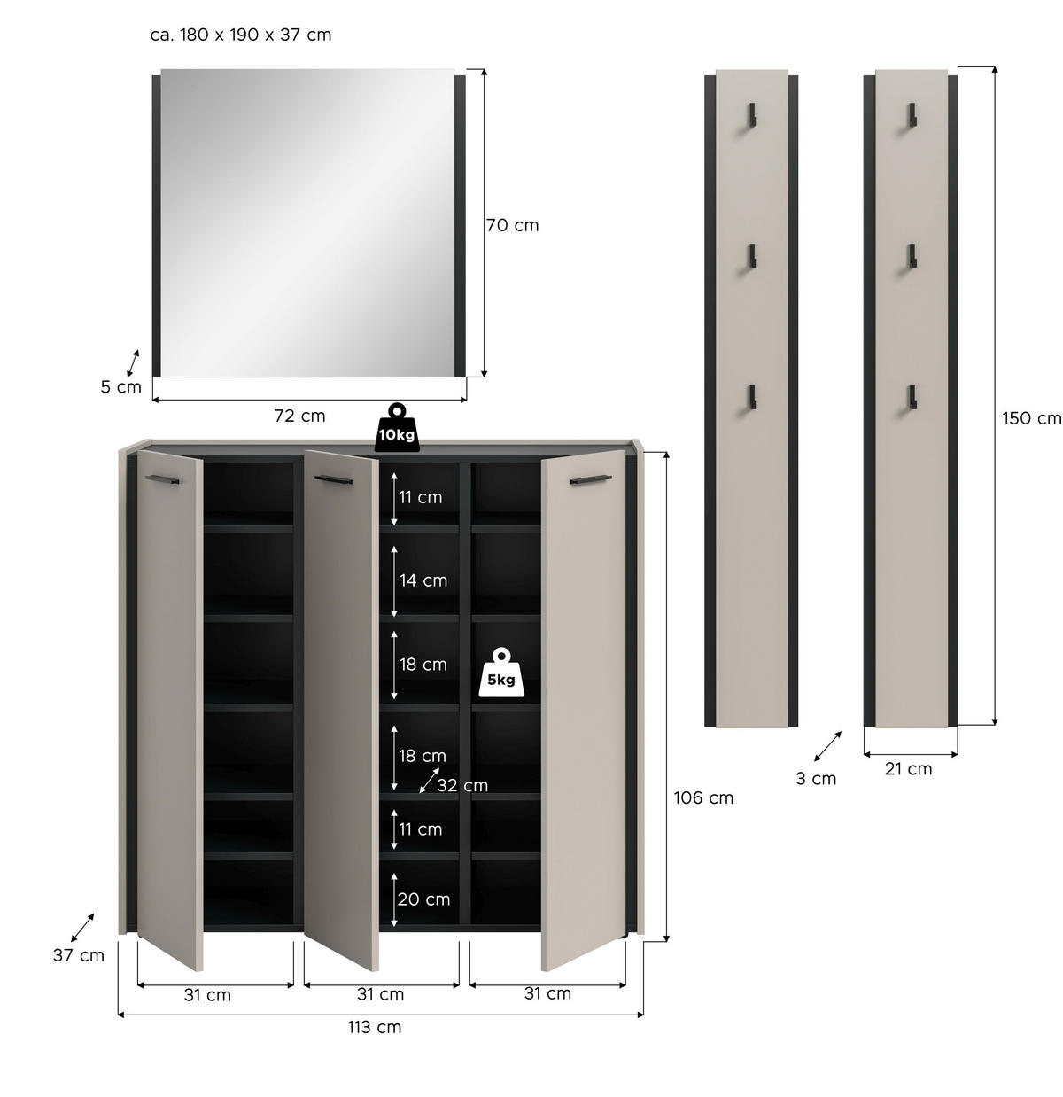 GARDEROBEN-SET Emil Kaschmir 180/37/190 cm - Beige, Holzwerkstoff (180/190/37cm) - Xonox