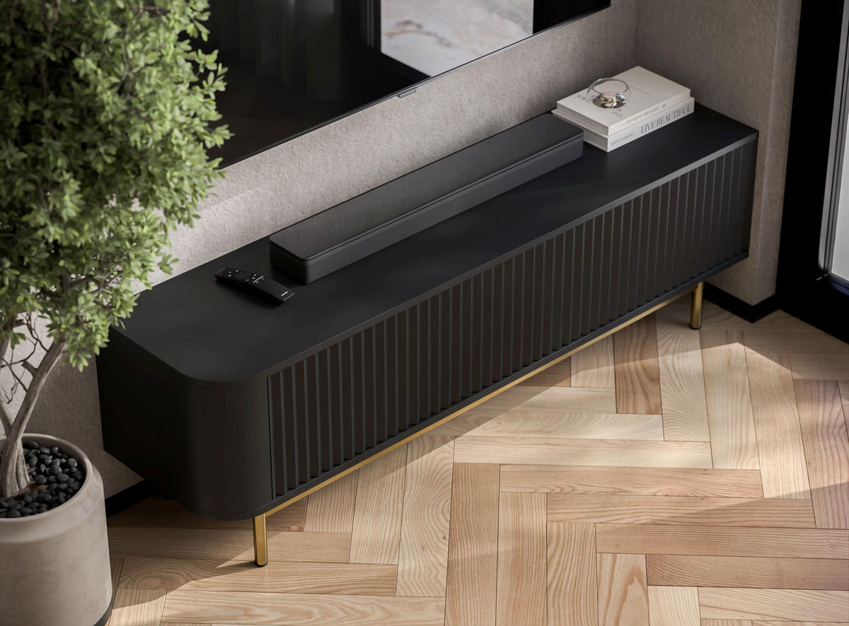 TV komoda Aurora matná čierna 140 cm so zlatým kovovým rámom - čierna/zlatá, kov/kompozitné drevo (140/44/35cm) - Meble Lindner