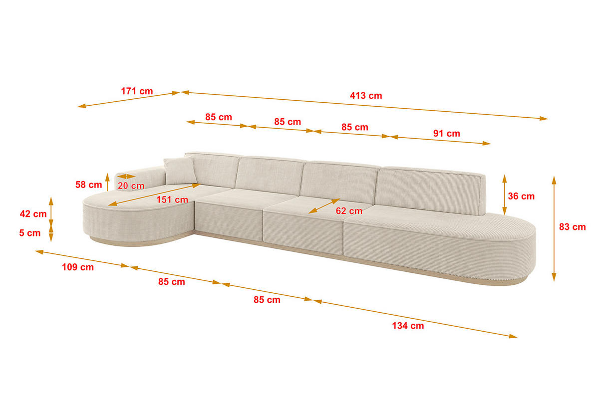 ECKSOFA Ottomane Links MARI-L3-v1 - 413x171x83 cm Beige Cord - Beige, Holzwerkstoff/Textil (413/171cm) - ALTDECOR