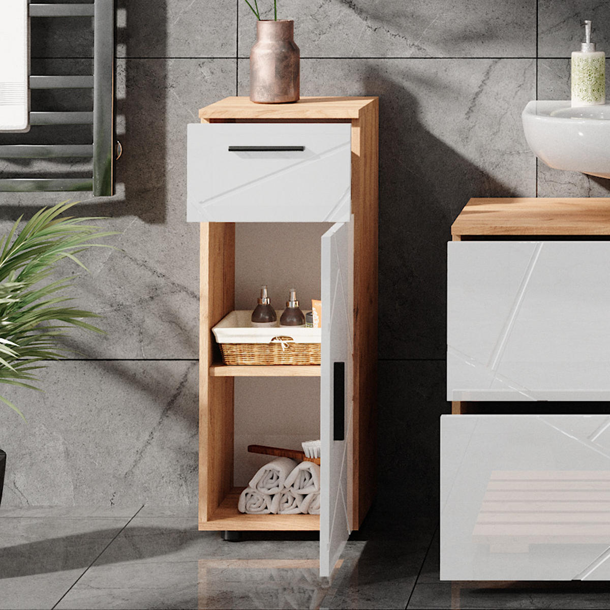 MIDISCHRANK Irma Eiche 30 x 81 cm - Weiß Hochglanz, Holzwerkstoff (30/81/30cm) - Vicco
