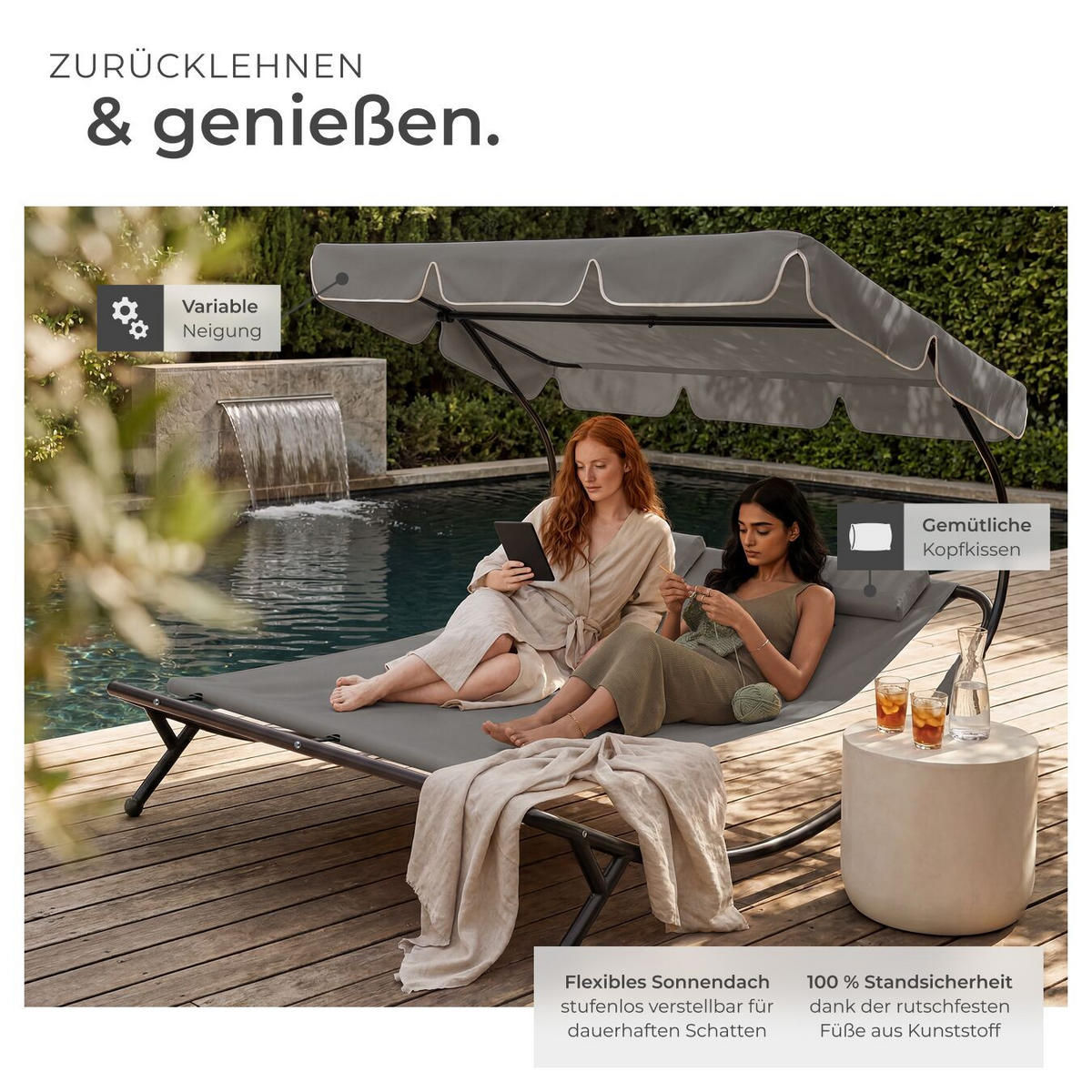 GARTENLIEGE Livorno, 215 x 183 x 150 cm, schwarz/grau - Schwarz/Grau, Kunststoff (185/175/195cm) - tectake