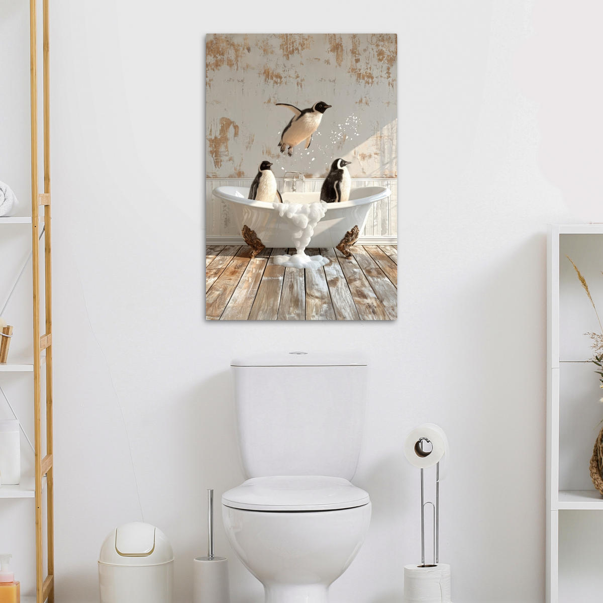 LEINWANDBILD Vintage - Pinguin - Badewanne - Schaumstoff 60x90 cm - Schwarz, Textil (60/90cm) - MuchoWow