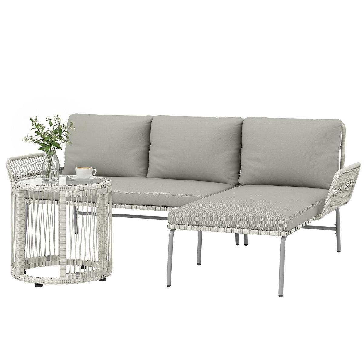 GARTENMÖBEL-SET 3-teilig DE-06772 mit Chaiselongue & Glastisch - Hellgrau, Kunststoff/Metall - ComfortXL