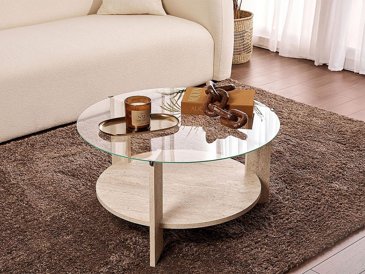 COUCHTISCH - 75 cm x 75 cm - Holz, Platte, Glas - Beige SENIRA - Beige, Glas/Holz (75/75/40cm) - Vente-Unique