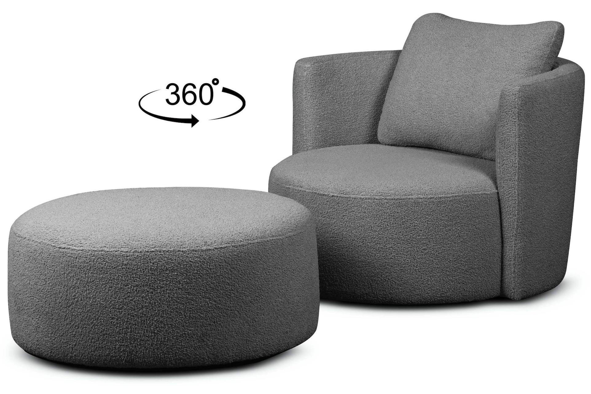 DREHSESSEL-SET RAGGI inkl. Sitzhocker, Boucle, dunkelgrau - Dunkelgrau, Textil (92/75/80cm) - KONSIMO®