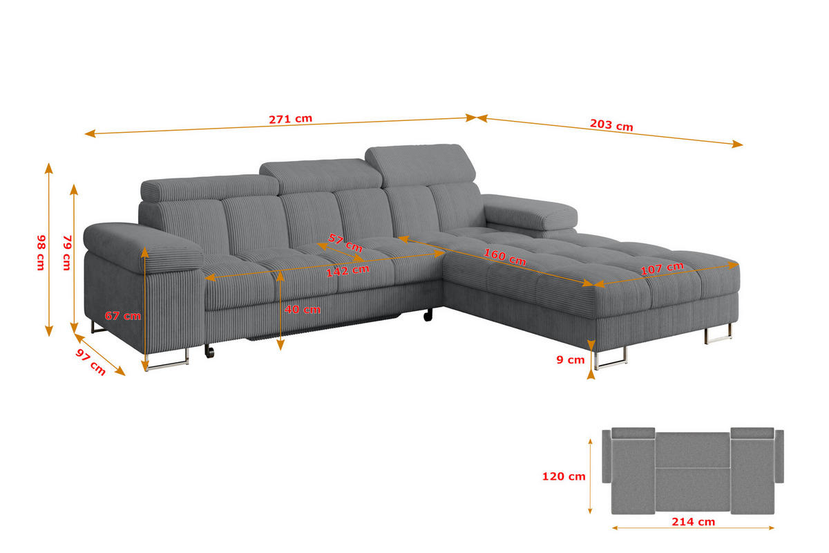 ECKSOFA mit Schlaffunktion Ottomane Rechts COMA L 271x203x79 Dunkelgrau Cord - Graphitfarben, Holzwerkstoff/Textil (203/271cm) - ALTDECOR
