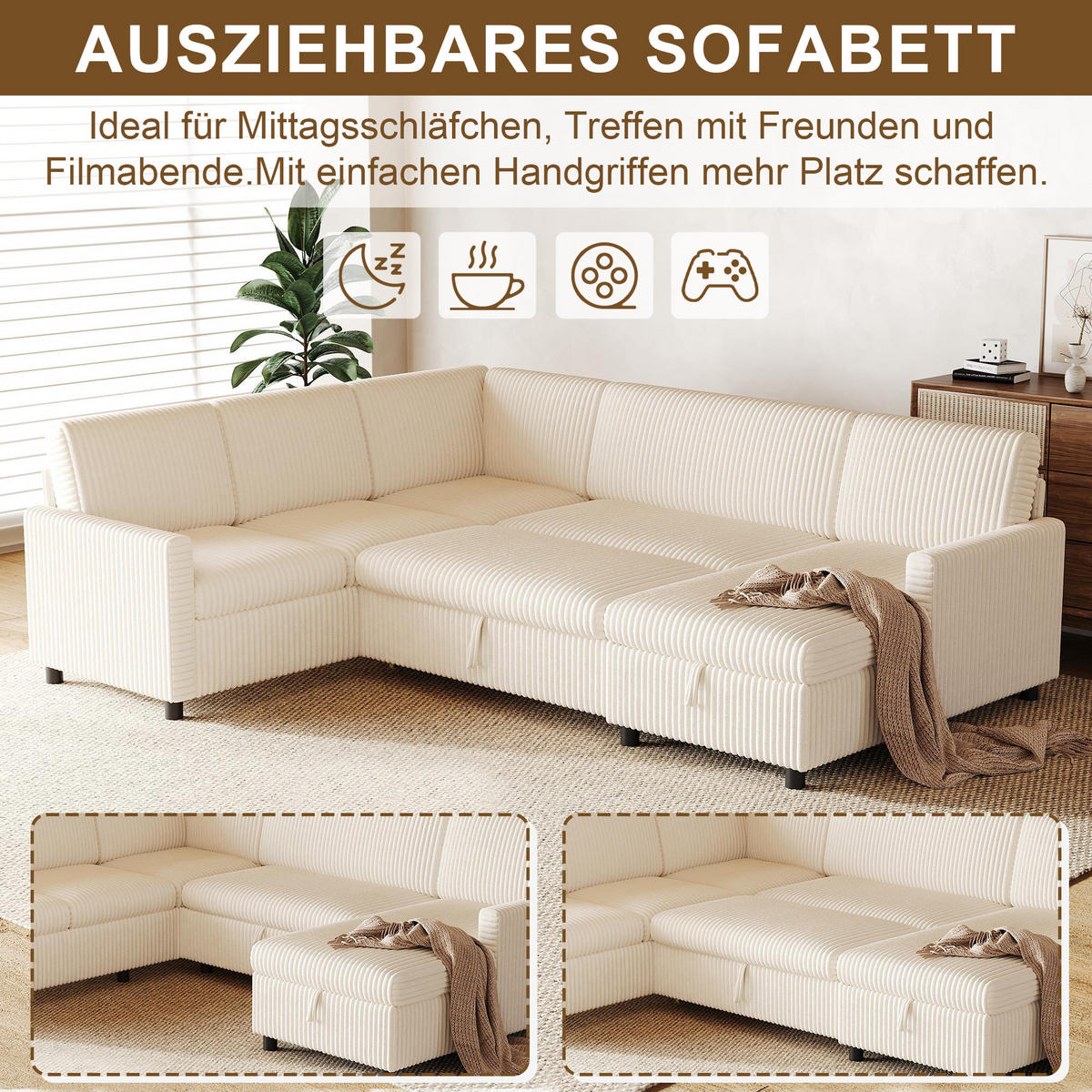SOFA U Oblik na Razvlačenje Cord 220x274x85 cm Bež - bež, tekstil (274/85/220cm) - FLIEKS
