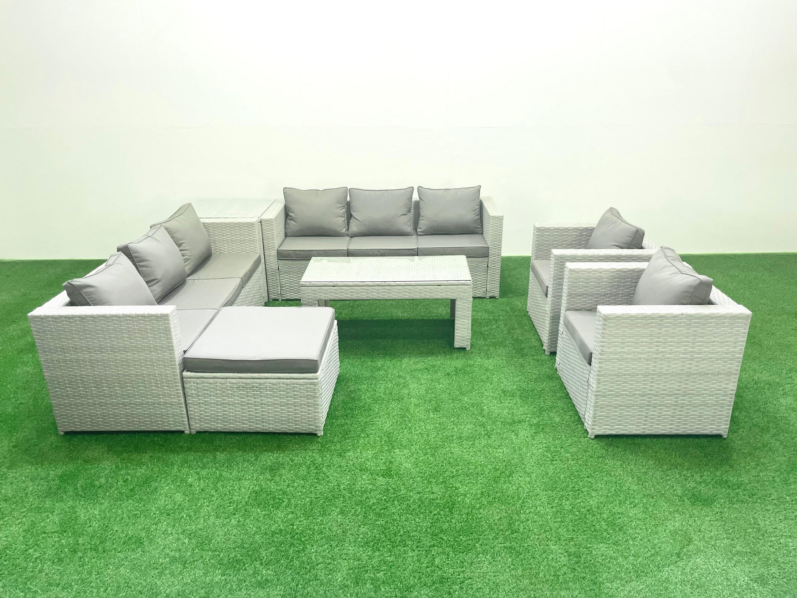 GARTENSOFA hohe Rückenlehne Polyrattan Hellgrau-Mix 9-Sitzer - Hellgrau/Grau, Glas/Kunststoff - Fimous