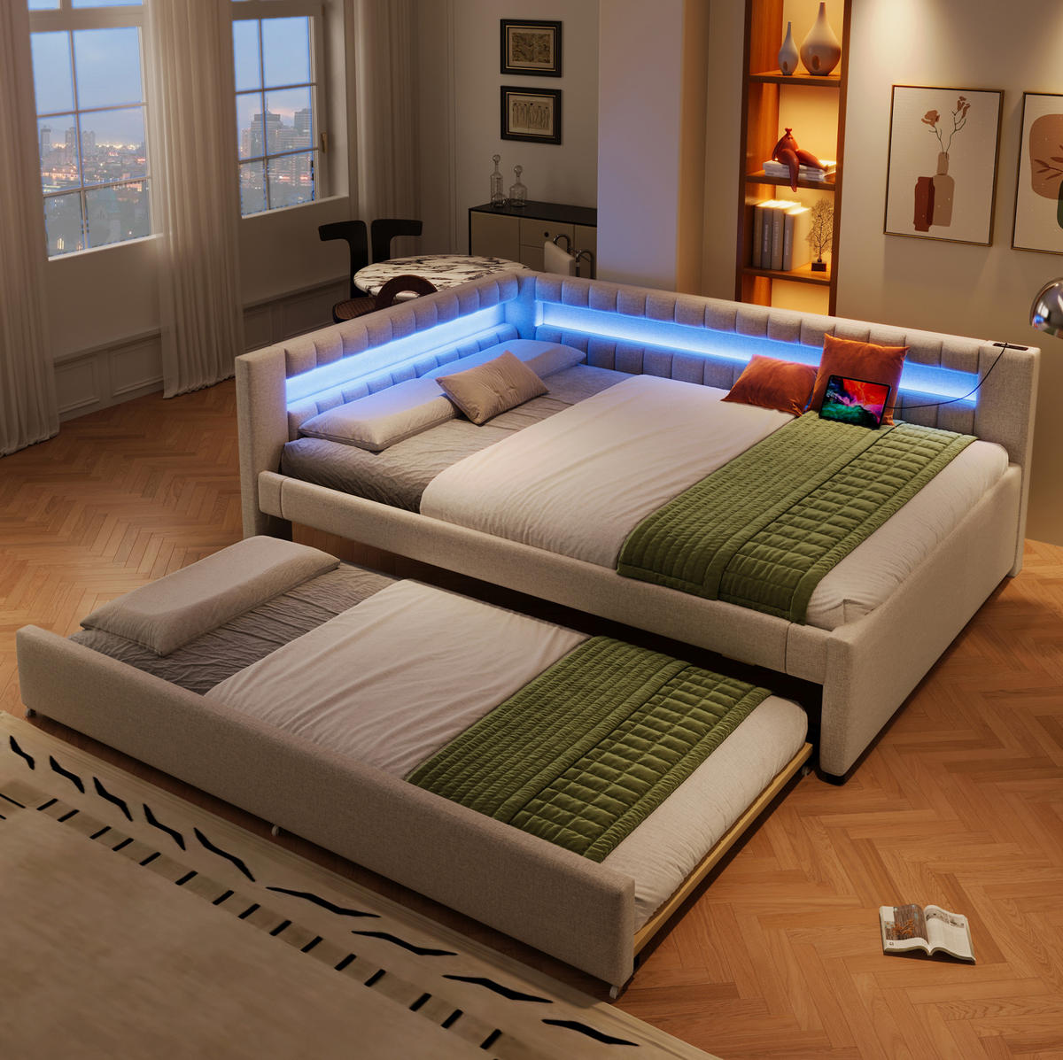 POLSTERBETT 140/200 cm mit Ausziehbett, LED-Beleuchtung, USB- und Type-C-Anschluss, Leinenbezug, Beige - Beige, Textil (140/200cm) - Redom
