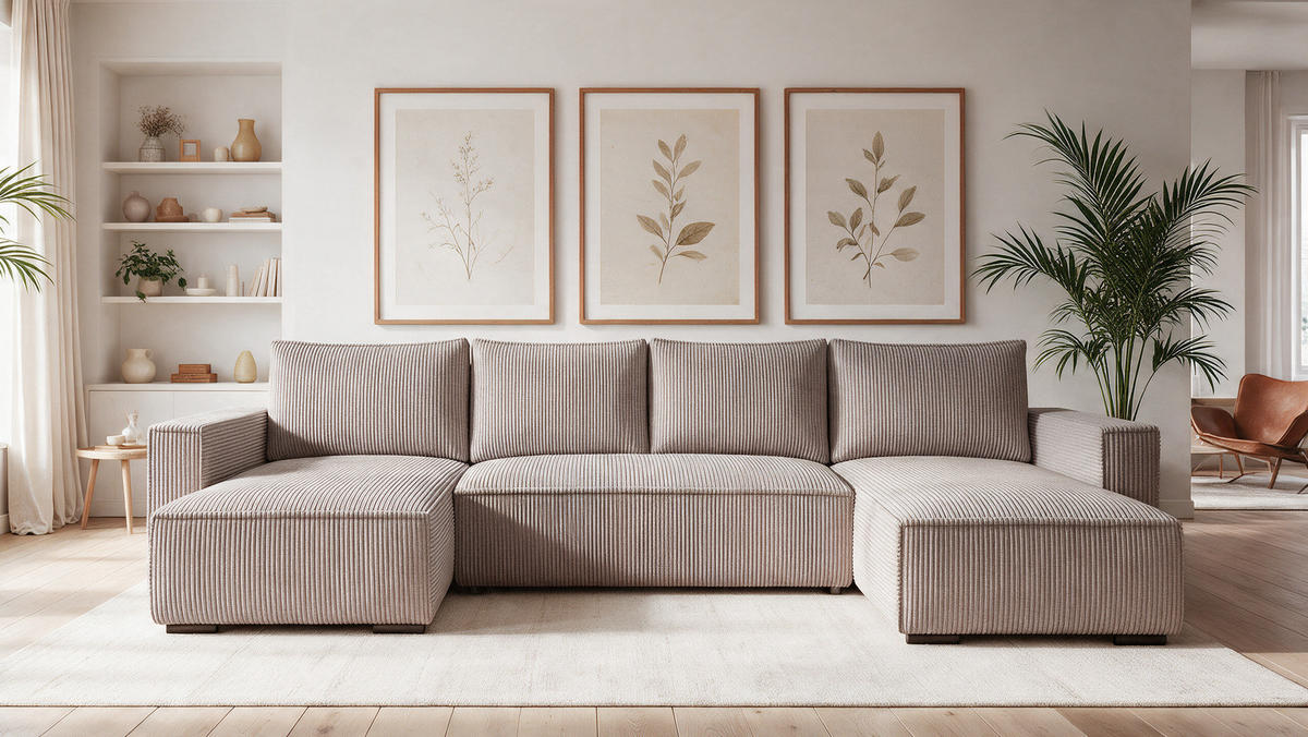 WOHNLANDSCHAFT CUDDY U mit Schlaffunktion und Bettkasten, Farbe: Braun, Cordstoff - Cappuccino, Textil (308/85/144cm) - Storez24