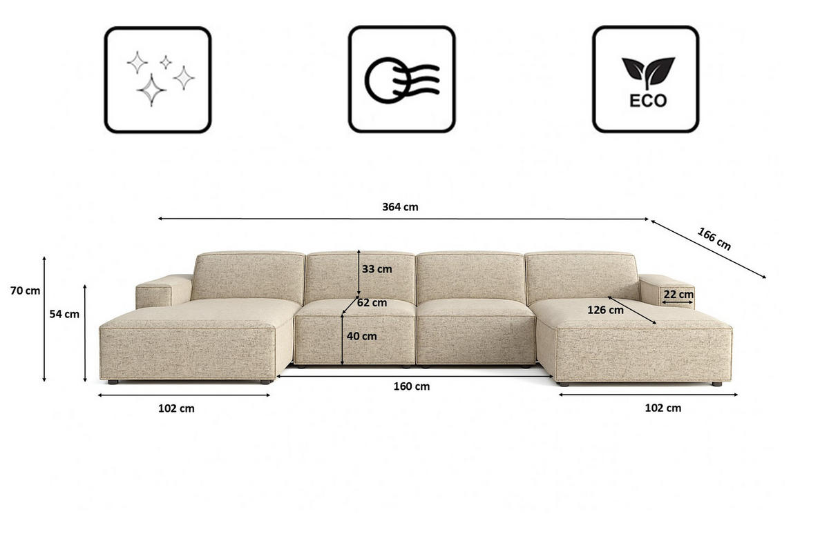 ECKSOFA Cursal U-Form, Stoff Artico, Beige - Beige, Holz (364/166cm) - Kaiser Möbel