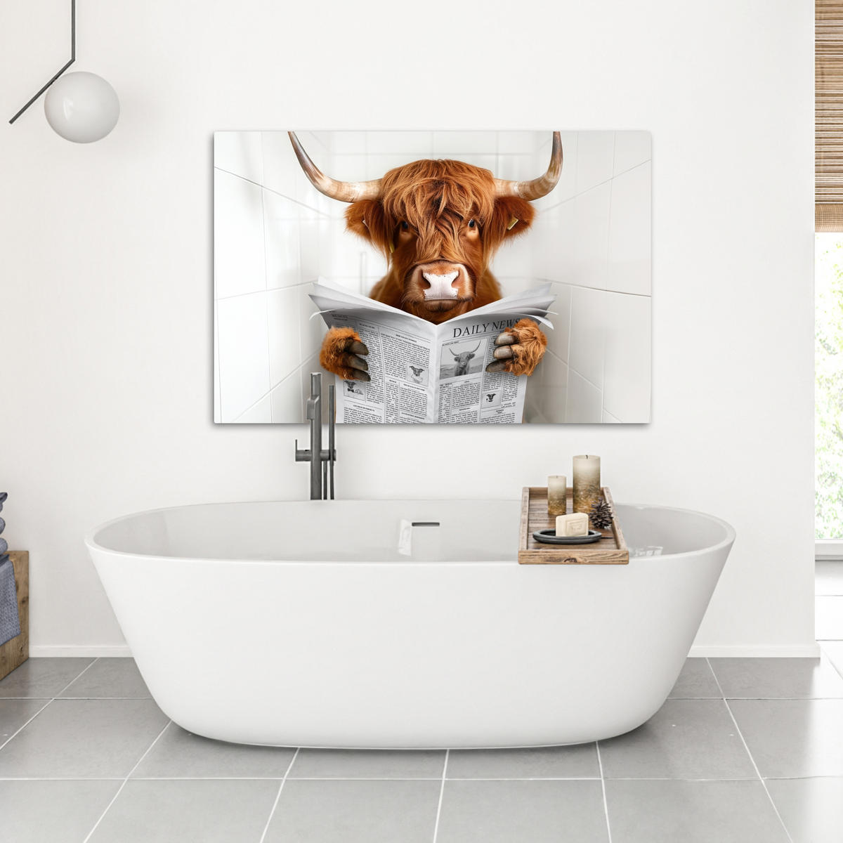 LEINWANDBILD Schottischer Highlander - Tier - Zeitung - Toilette Wohnzimmer 120x80 cm - Kastanienfarben, Textil (120/80cm) - MuchoWow