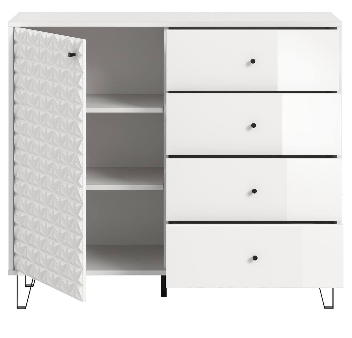 KOMMODE weiß Hochglanz 110 x 96 cm, Sideboard mit 3D-Struktur - Weiß Hochglanz/Schwarz, Holzwerkstoff/Kunststoff (110/96/40cm) - Inn.Furn