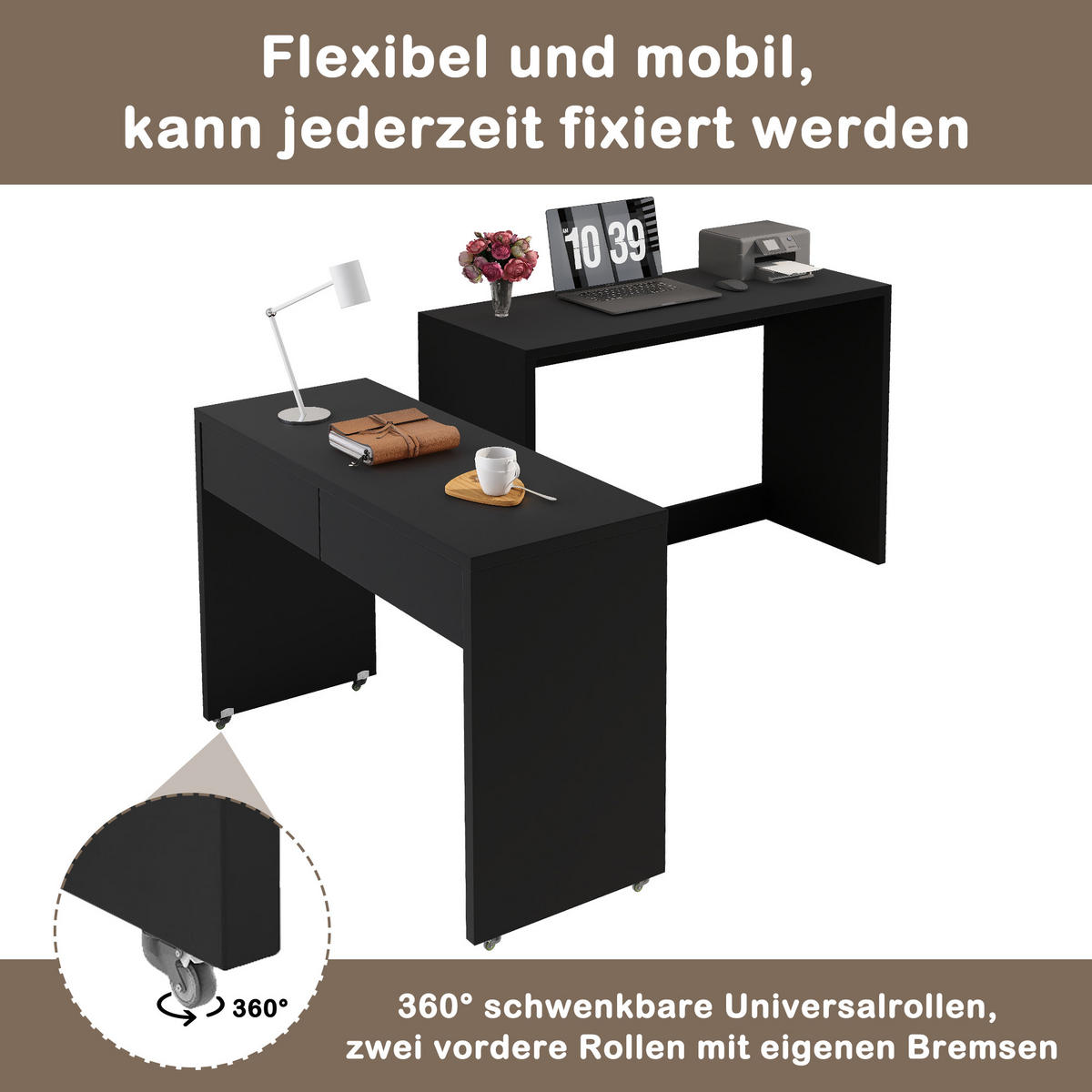 SCHREIBTISCH 2-in-1 Kommode ausziehbar Rollen Holz 1,8 cm modern - Schwarz, Holzwerkstoff (110/40/78cm) - FLIEKS