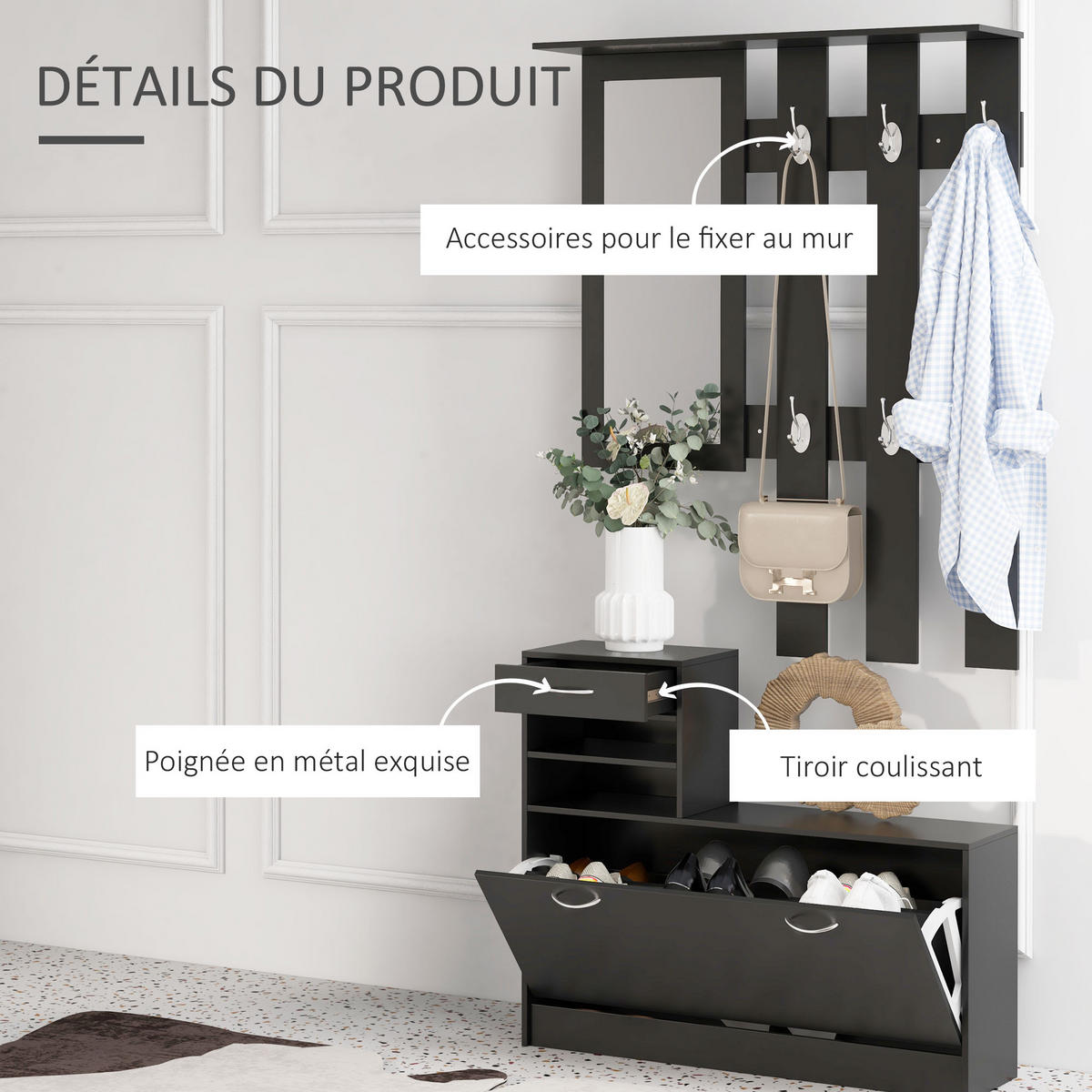 GARDEROBE DE-16743 3-in-1 mit Spiegel & Schuhbank Schwarz - Schwarz, Holzwerkstoff (10/91/90cm) - ComfortXL