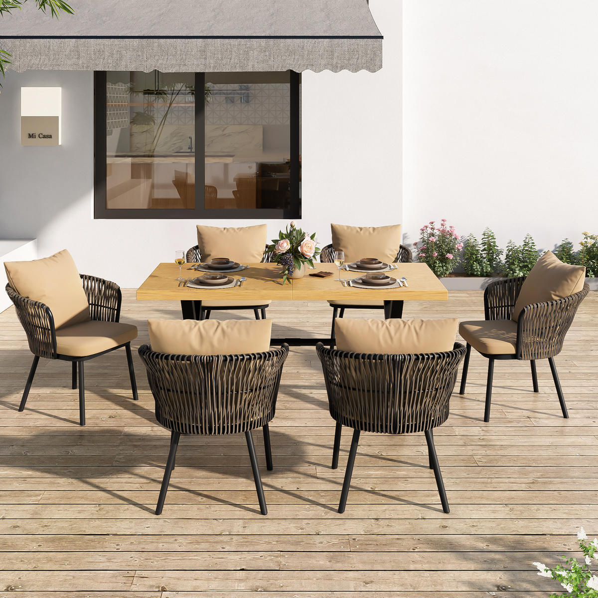 GARTEN-ESSGRUPPE 150/75/75 cm khaki/natur aus Eisen und Polyester für 6 Personen - Naturfarben, Metall - OKWISH