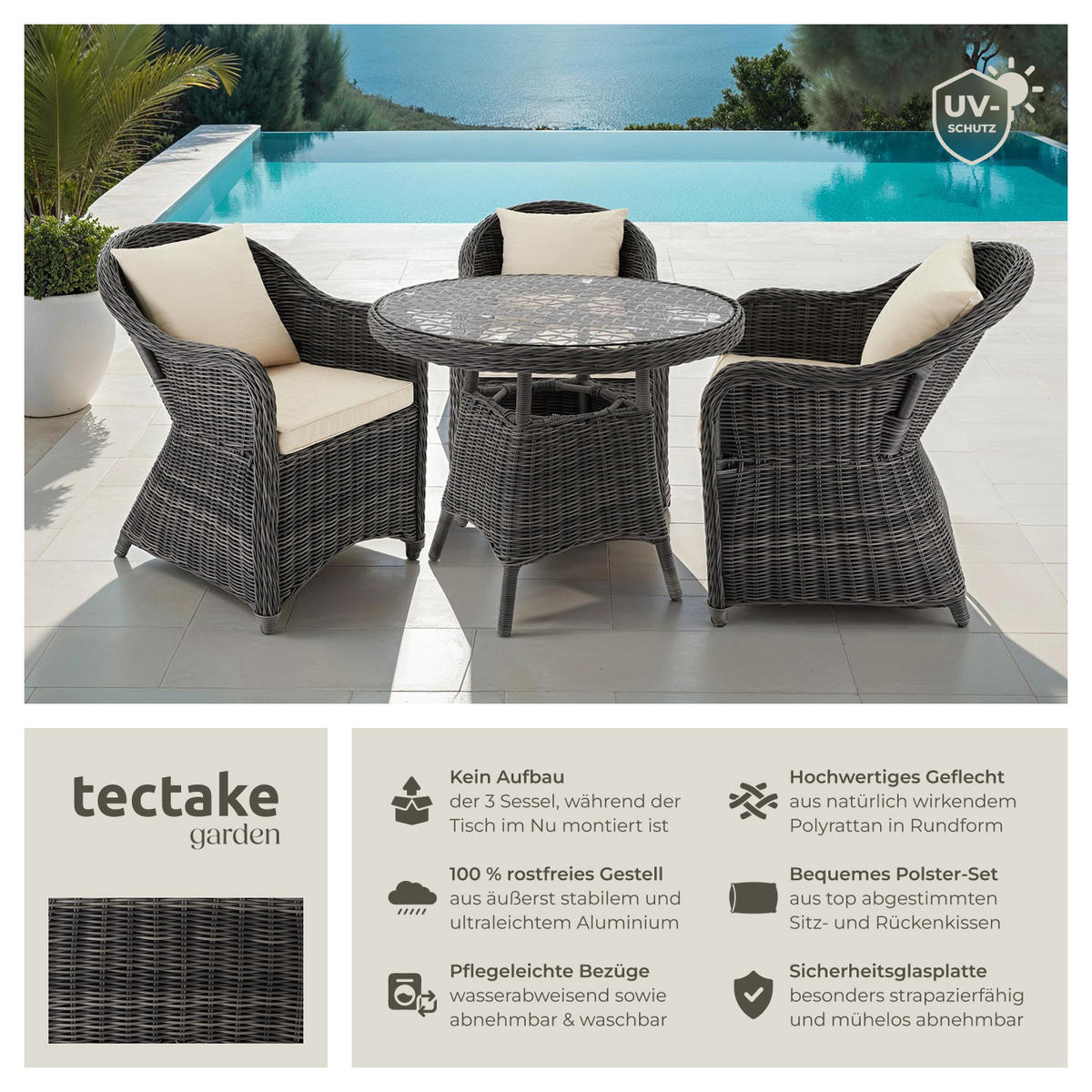 RATTAN SITZGRUPPE Zürich,Stühle vormontiert,grau - Grau, Kunststoff - tectake