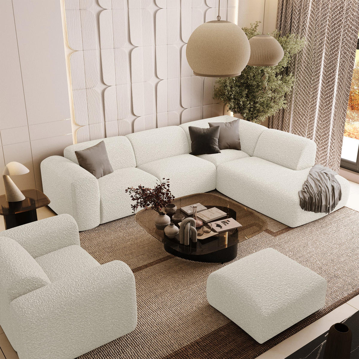 ECKSOFA RECHTS Bouclé-Stoff Creme 269cm - Creme, Textil (269/221cm) - Sia Home