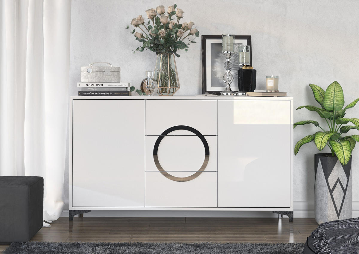 SIDEBOARD Eva, Weiß, Silberne Akzente, Hochglanz - Weiß Hochglanz/Silberfarben, Holzwerkstoff/Metall (138/83/38cm) - Kayani