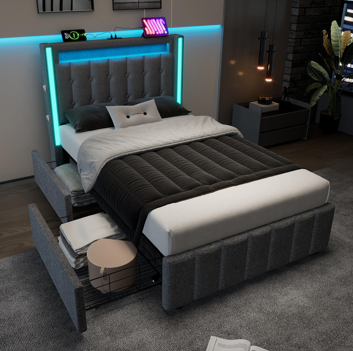 POLSTERBETT 90/200 cm mit USB-, Typ-C-Ladefunktion, LED-Beleuchtung und 2 Schubladen, Grau - Grau, Textil (90/90cm) - Redom