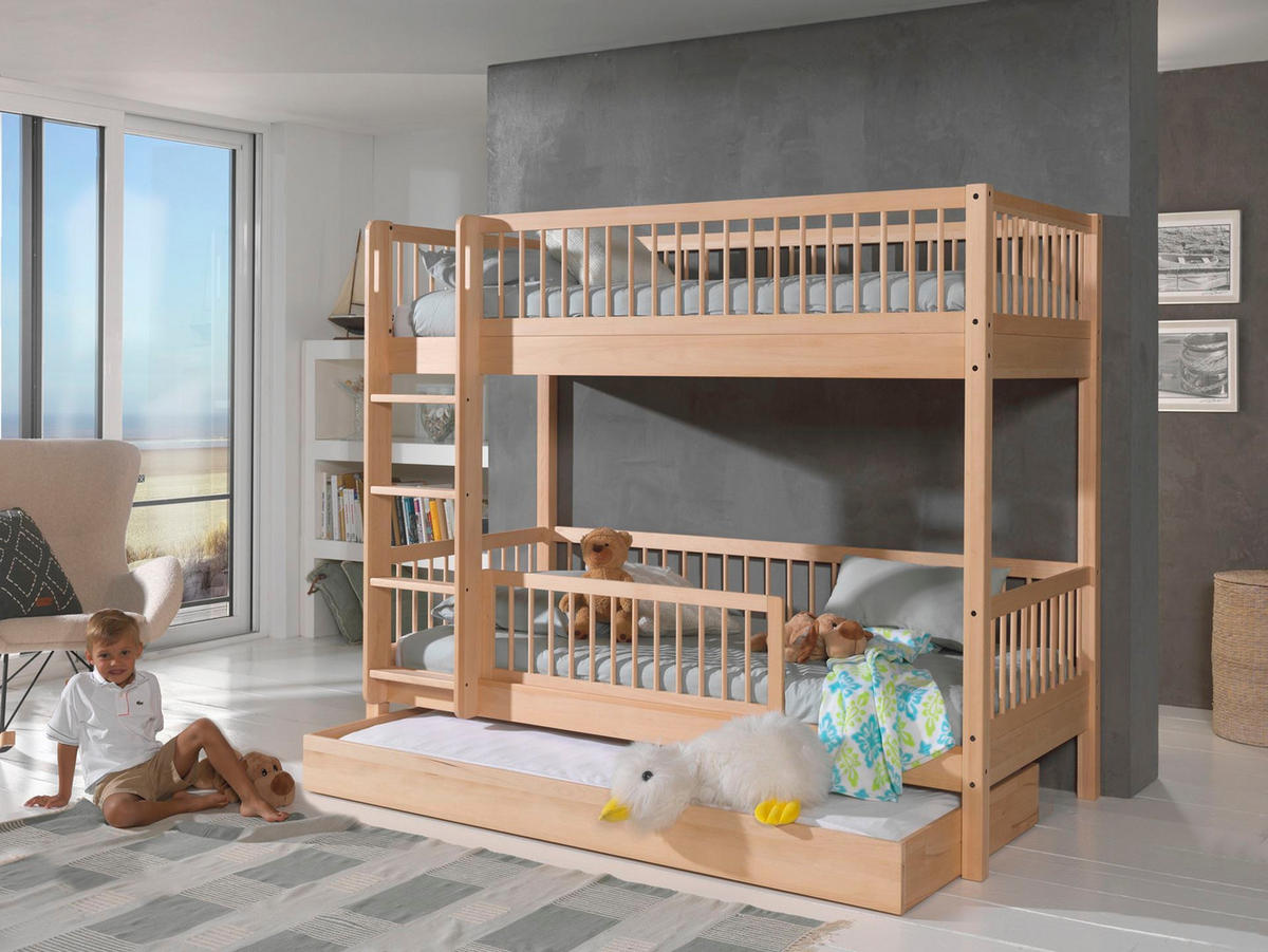 ETAGENBETT Kelci 2x90x200 Bettschublade Rausfallschutz Buche massiv - Buchefarben, Holz (90/200cm) - 58aufmkessel
