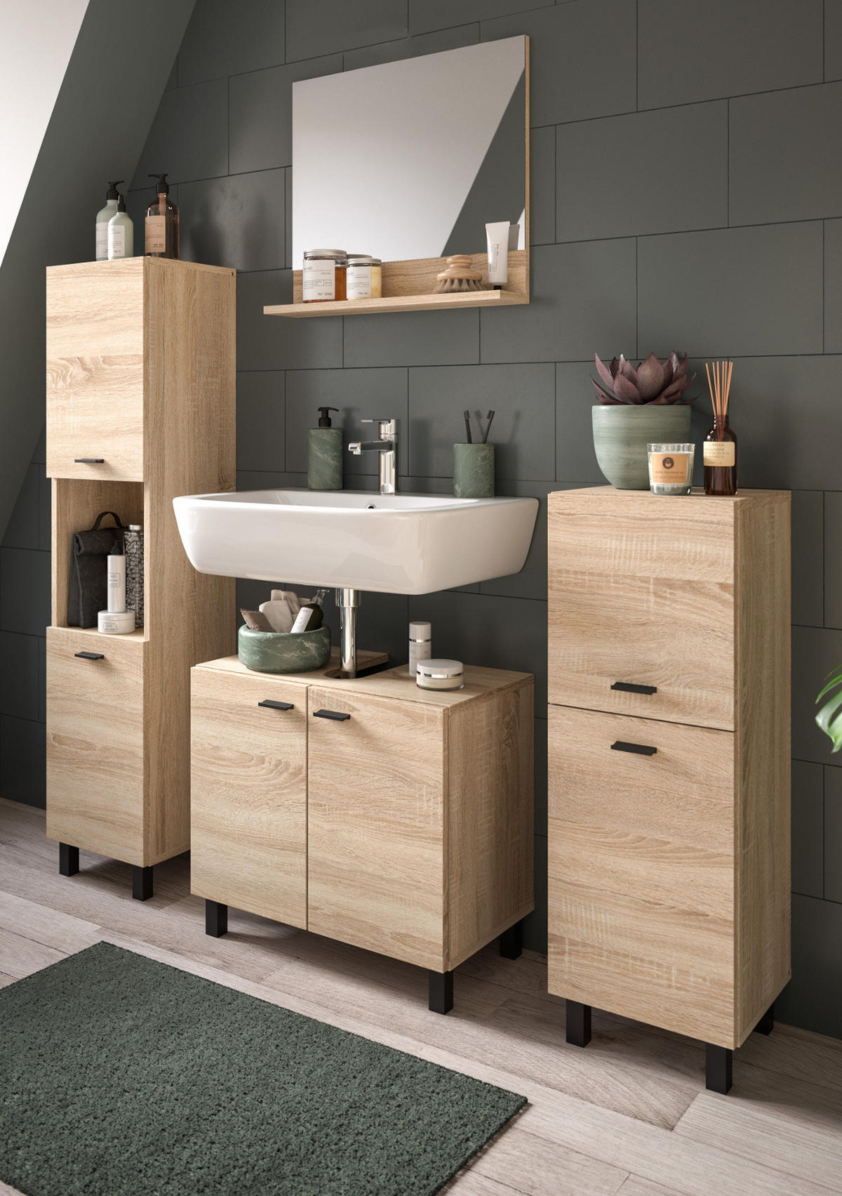 BADMÖBEL-SET Eiche 4-teilig 140 cm, Komplettset hängend oder stehend - Eichefarben, Glas/Holzwerkstoff (137/186/33cm) - Inn.Furn