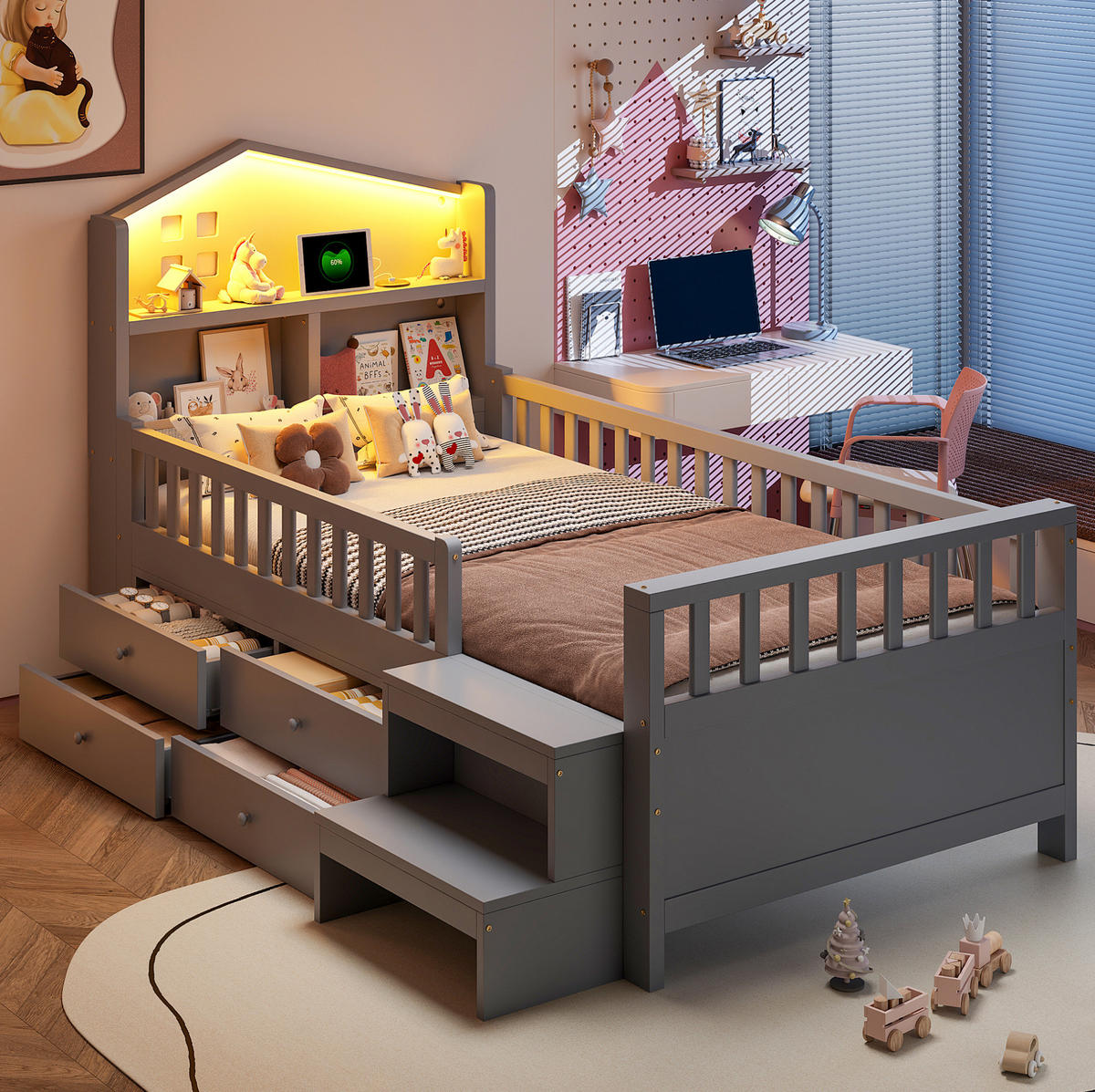 BETT 90/200 cm aus Massivholz mit LED-Leuchten, Schubladen, Treppe, Grau - Grau, Holz (90/200cm) - OKMYHOME