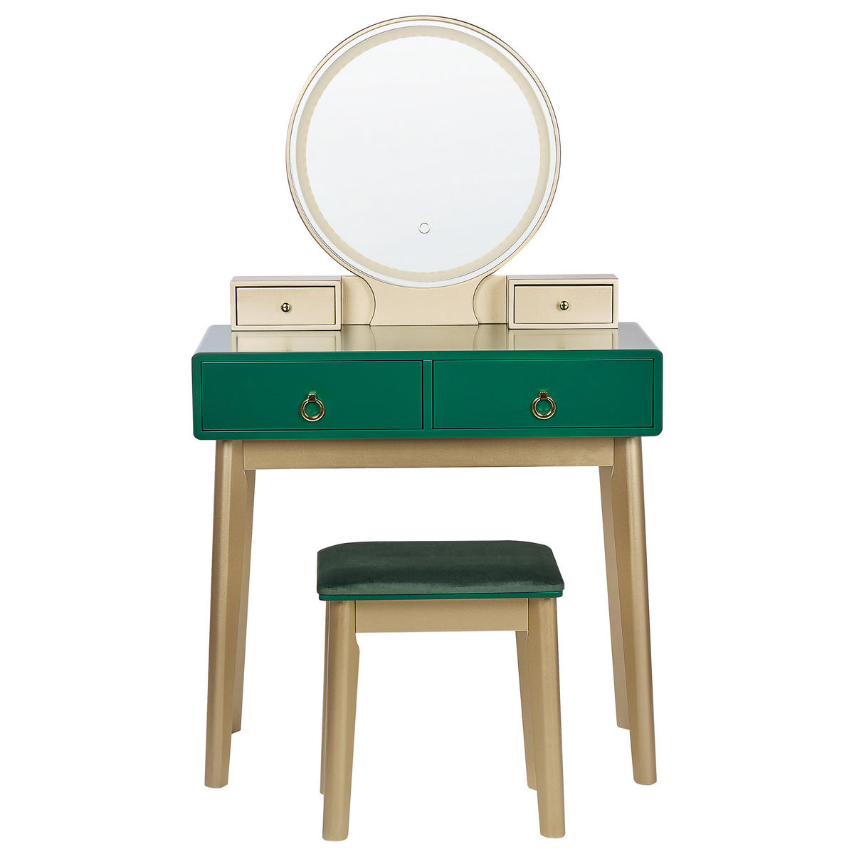 SCHMINKTISCH mit rundem LED-Spiegel Hocker 4 Schubladen grün/gold Fedry - Goldfarben/Grün, Holzwerkstoff (80/134/40cm) - Beliani