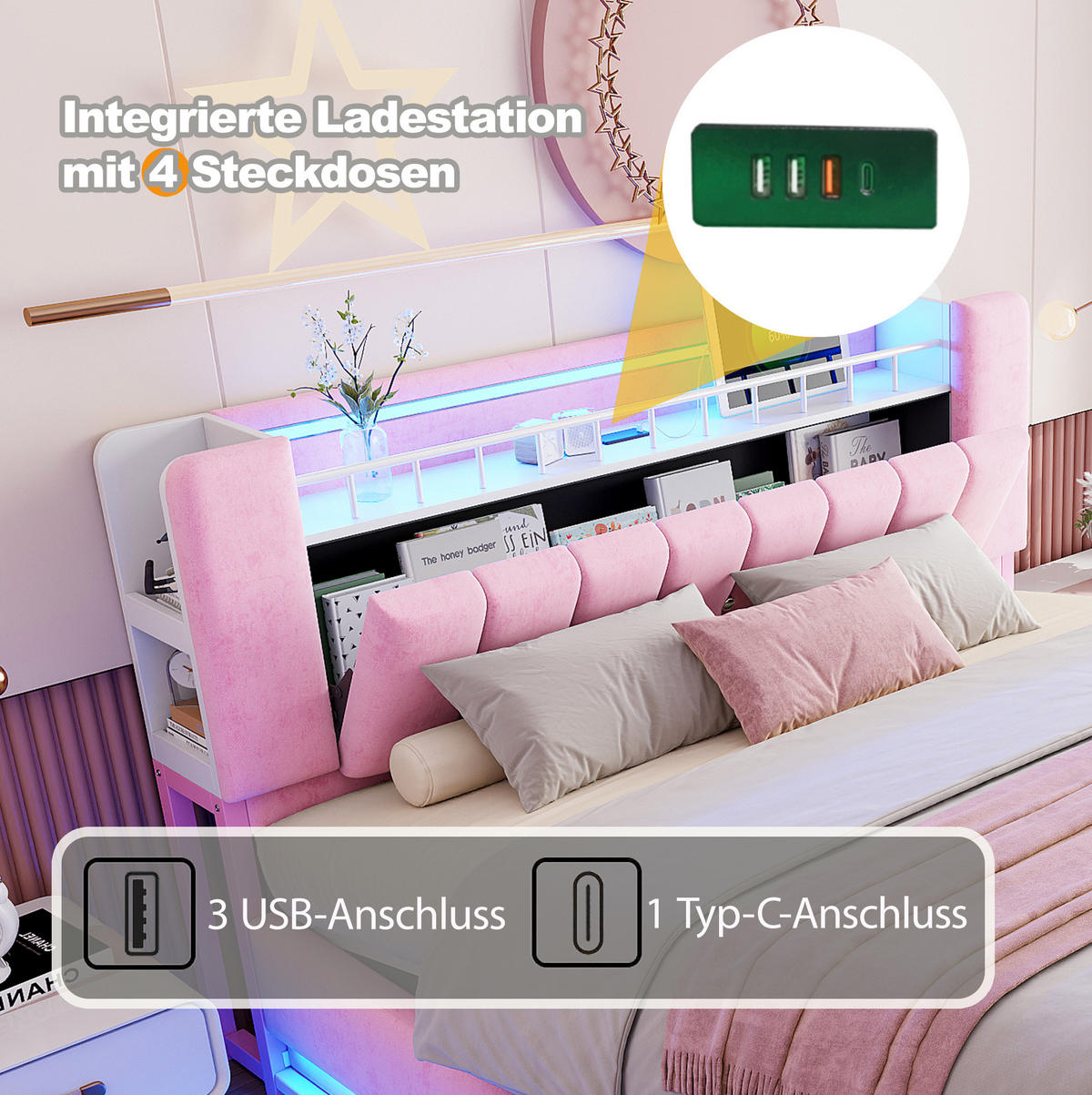 POLSTERBETT mit LED, USB und Stauraum 180x200 cm Samt Rosa - Pink, Metall (180/200cm) - Beauniv