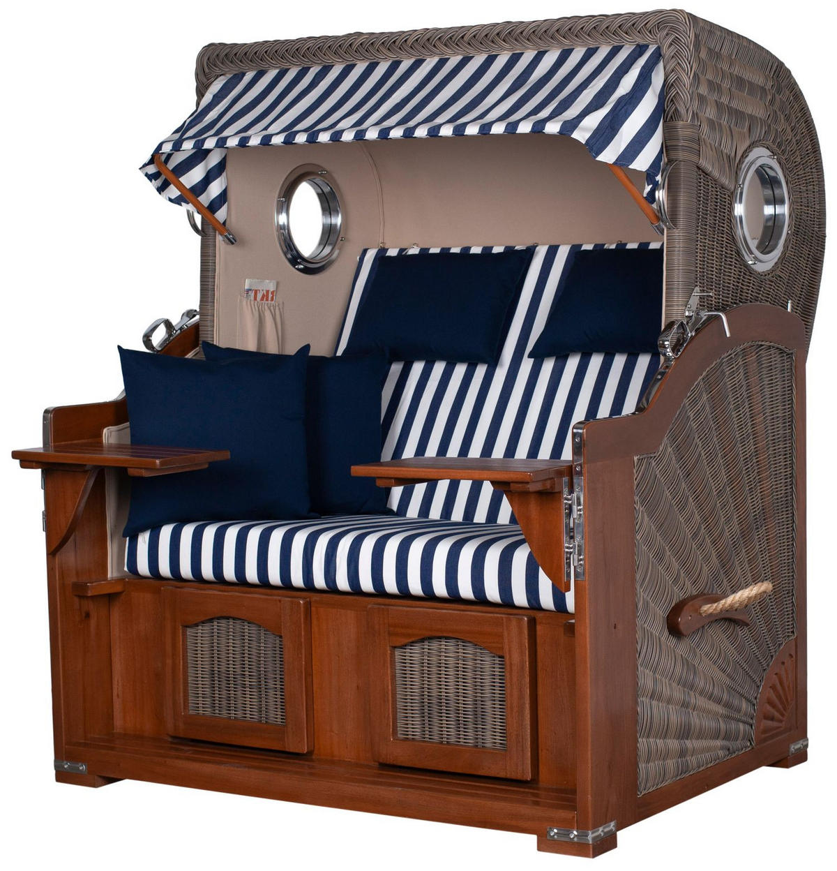 STRANDKORB Komplettset: Ammersee Grande XL Mahagoni Bullauge - PE grau - Modell 518 - Blau/Weiß, Holz/Kunststoff (142/165/95cm) - bene living