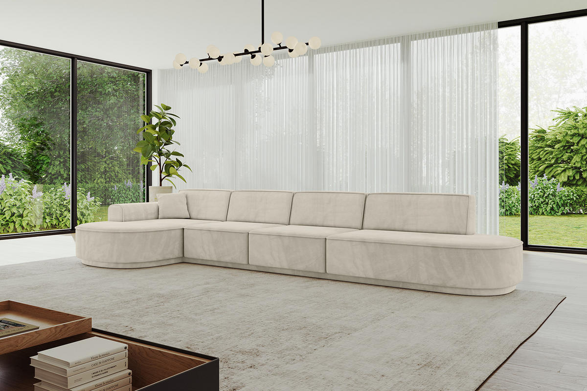 ECKSOFA Ottomane Links MARI-L3-v3 - 413x171x83 cm Ecru Velours - Ecru/Schwarz, Holzwerkstoff/Kunststoff (413/171cm) - ALTDECOR