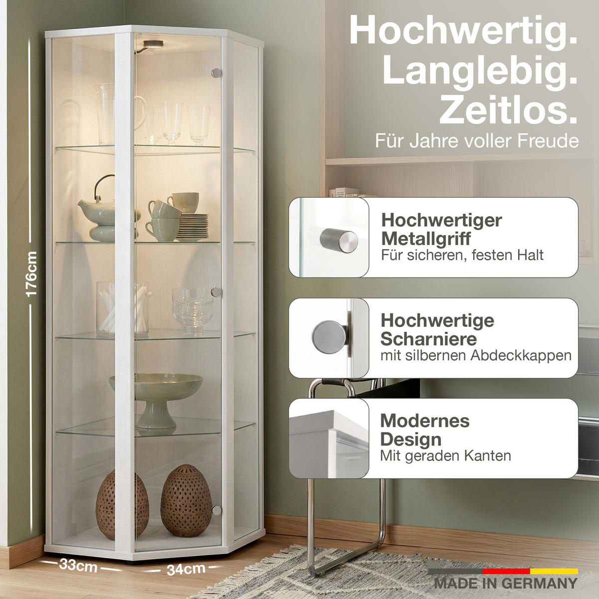 ECKVITRINE 56,5/56,5/176 cm mit LED - Transparent/Silberfarben, Glas/Holzwerkstoff (56.5/176/56.5cm) - K-Möbel