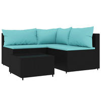 LOUNGEGARNITUR mit Blau Auflagen und 50 cm Couchtisch, aus Poly Rattan und Glas, Schwarz, 4-teiliges Set - Schwarz, Kunststoff - vidaXL