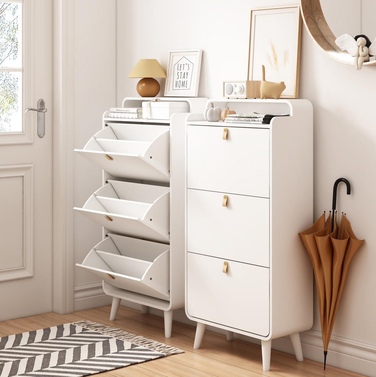 SCHUHSCHRANK mit 3 Klapptüren, platzsparendem Design und herausnehmbaren Trennwänden, Weiß - Weiß, Holzwerkstoff (63/133.7/29.5cm) - Redom